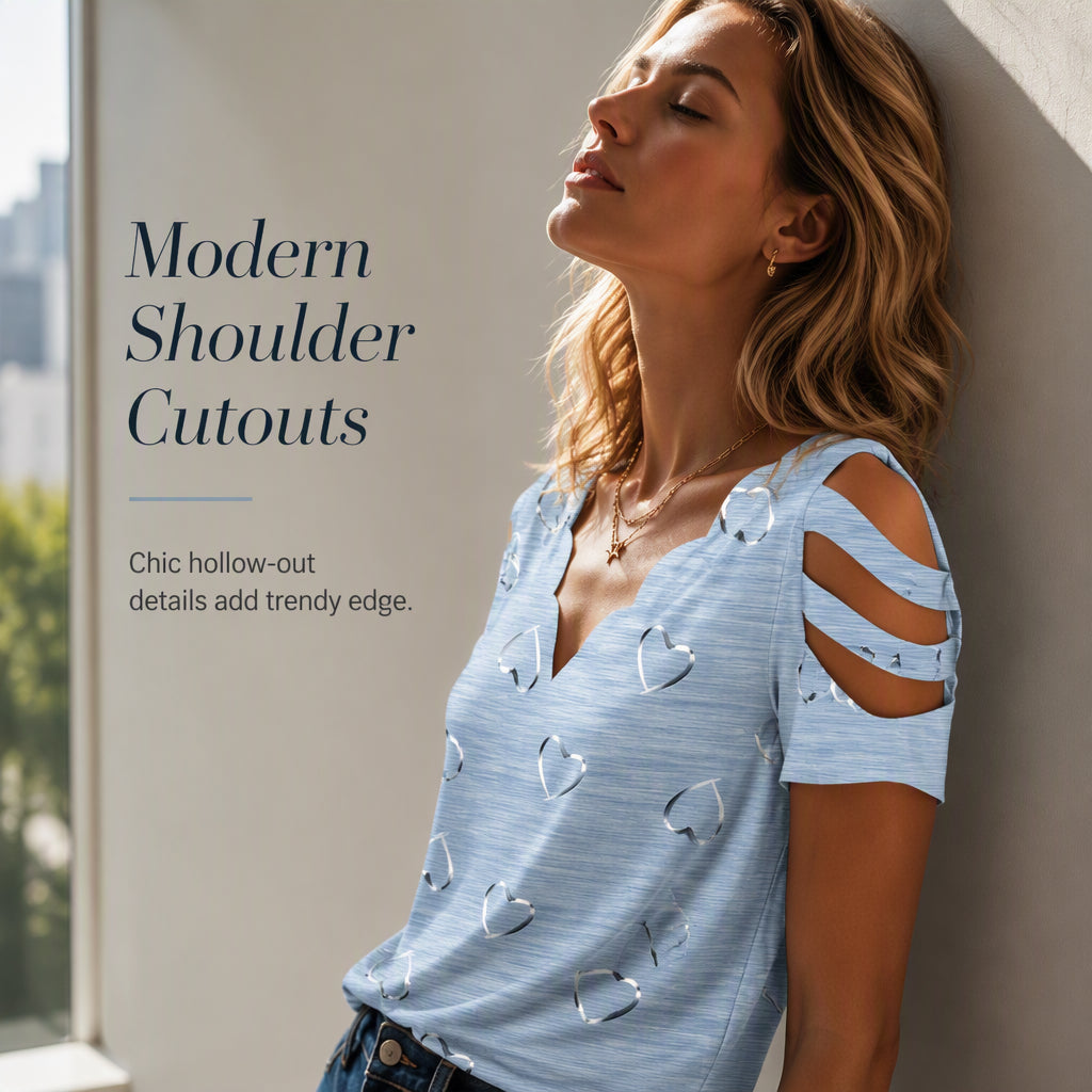 T-shirt femme à col en V festonné et imprimé cœurs