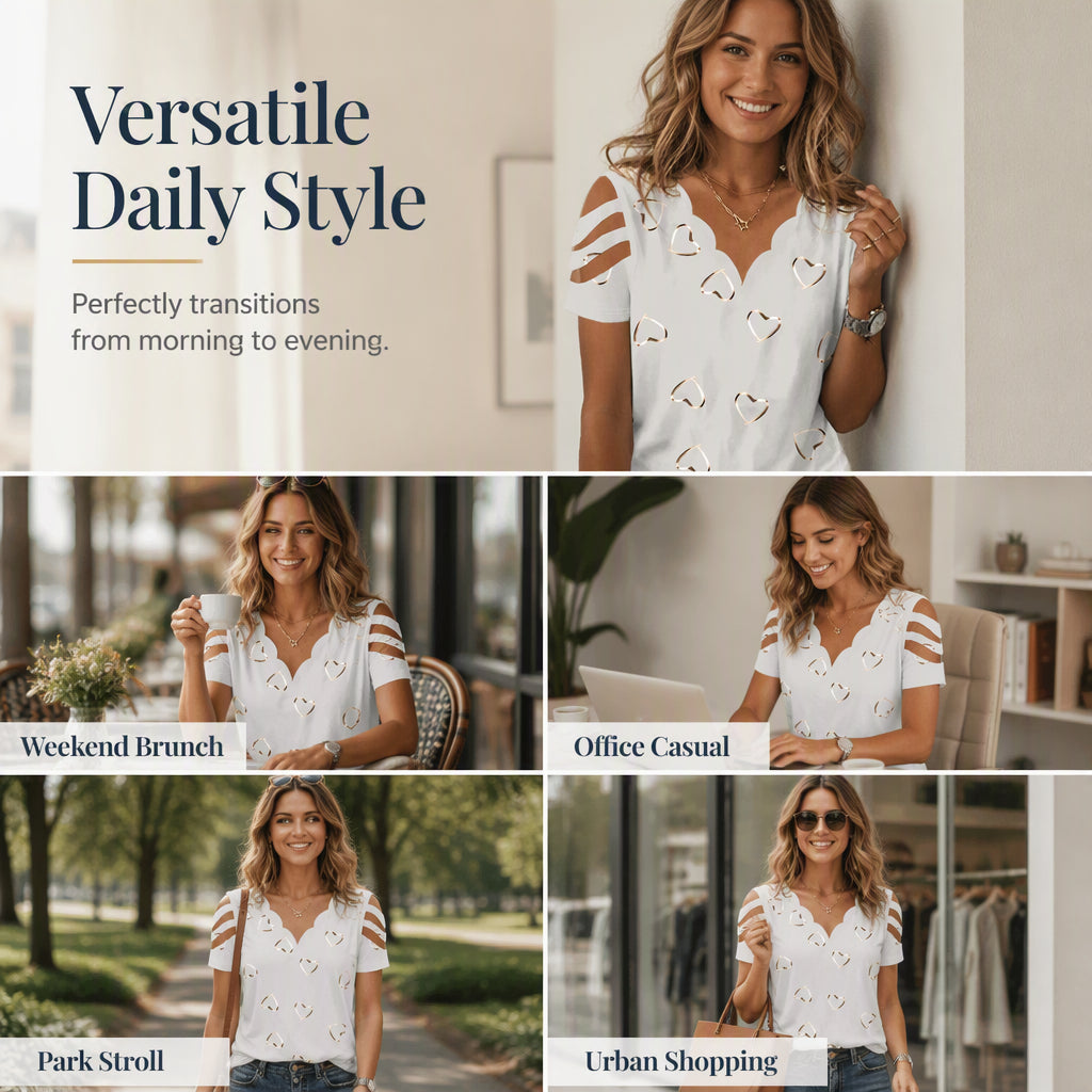 T-shirt femme à col en V festonné et imprimé cœurs