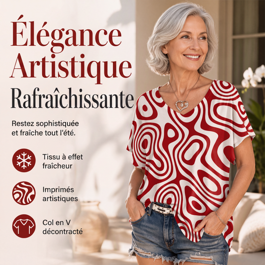 T-shirt col V imprimé effet glacé pour femme