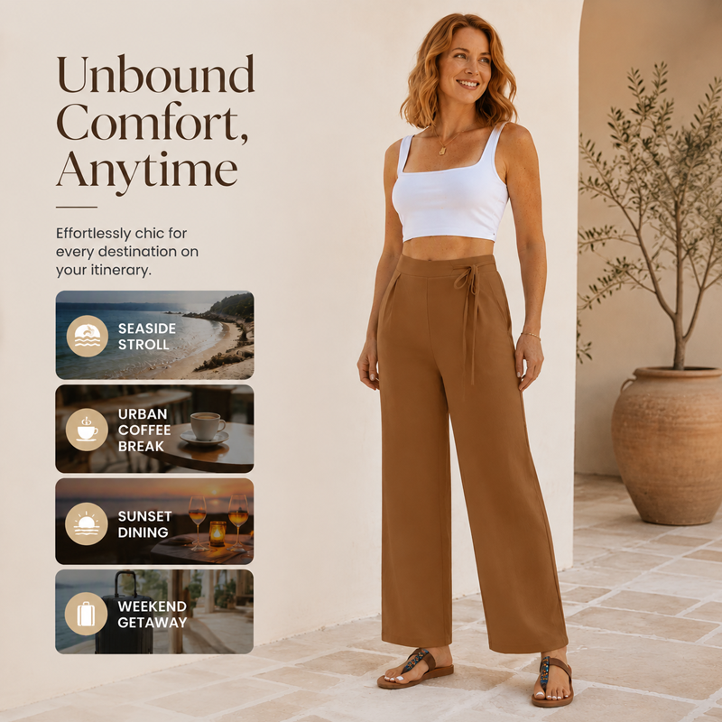 Pantalon droit à taille haute et cordon de serrage pour femme