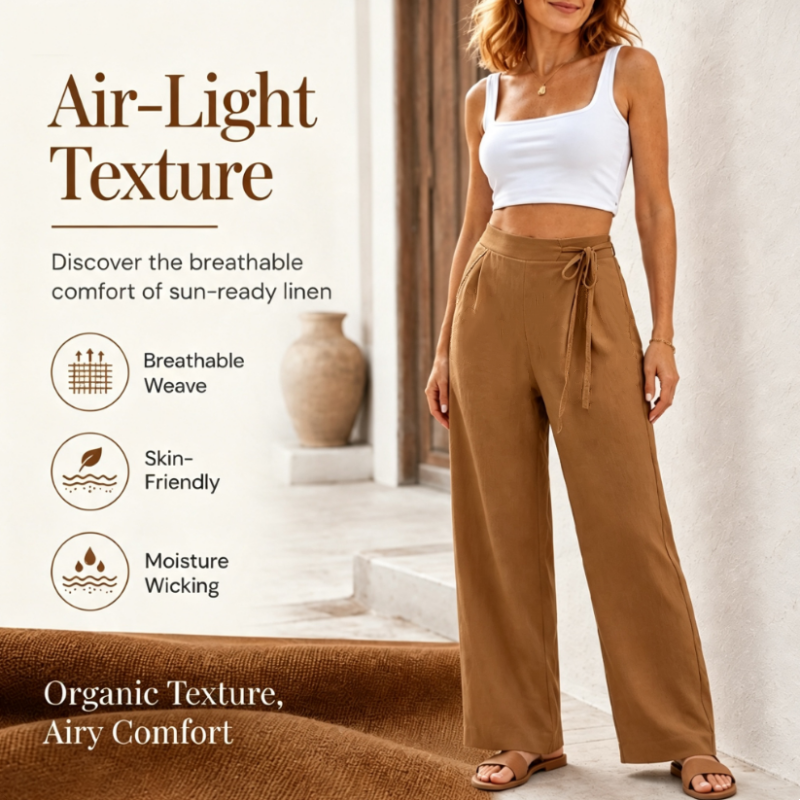 Pantalon droit à taille haute et cordon de serrage pour femme