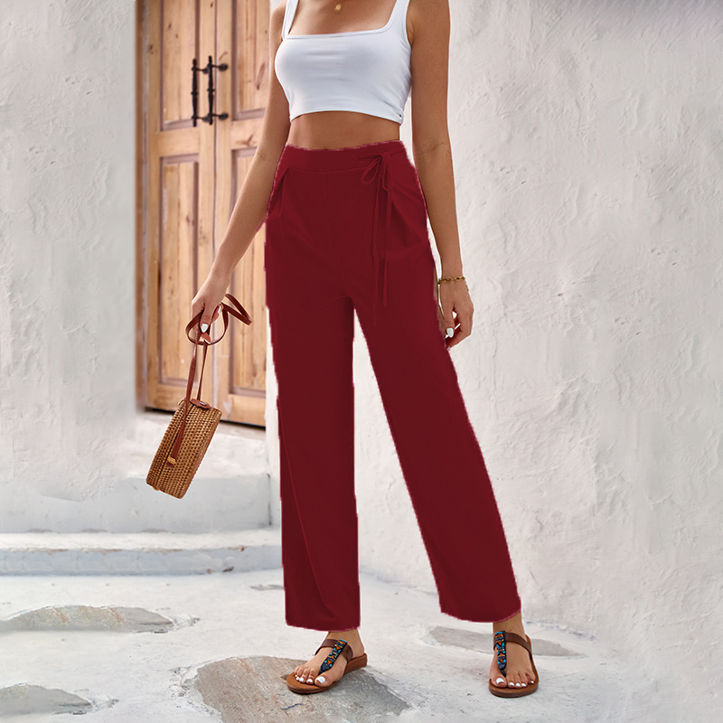 Pantalon droit à taille haute et cordon de serrage pour femme