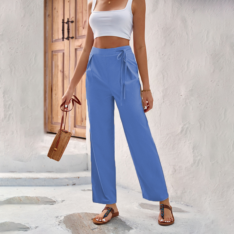 Pantalon droit à taille haute et cordon de serrage pour femme
