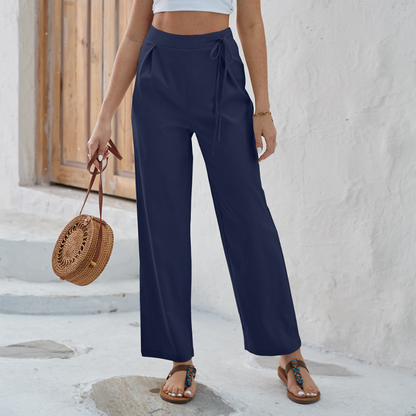 Pantalon droit à taille haute et cordon de serrage pour femme
