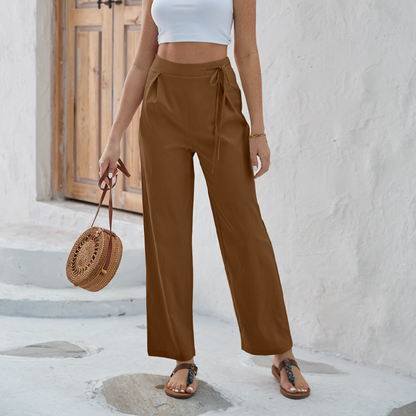 Pantalon droit à taille haute et cordon de serrage pour femme
