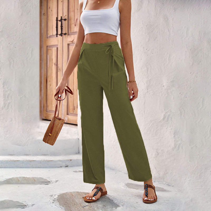 Pantalon droit à taille haute et cordon de serrage pour femme