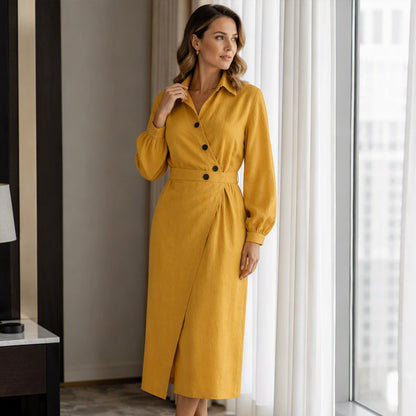 Robe-chemise midi pour femme, à revers et poches
