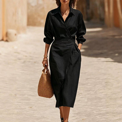 Robe-chemise midi pour femme, à revers et poches