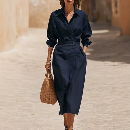 Robe-chemise midi pour femme, à revers et poches