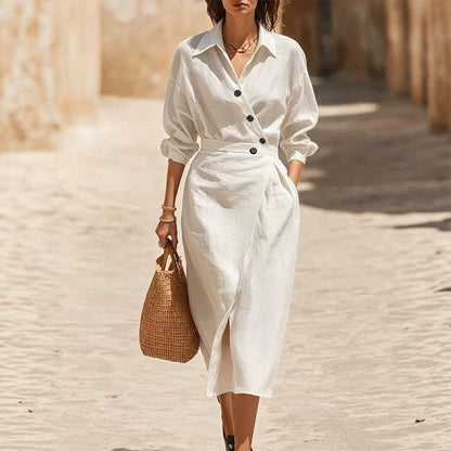 Robe-chemise midi pour femme, à revers et poches
