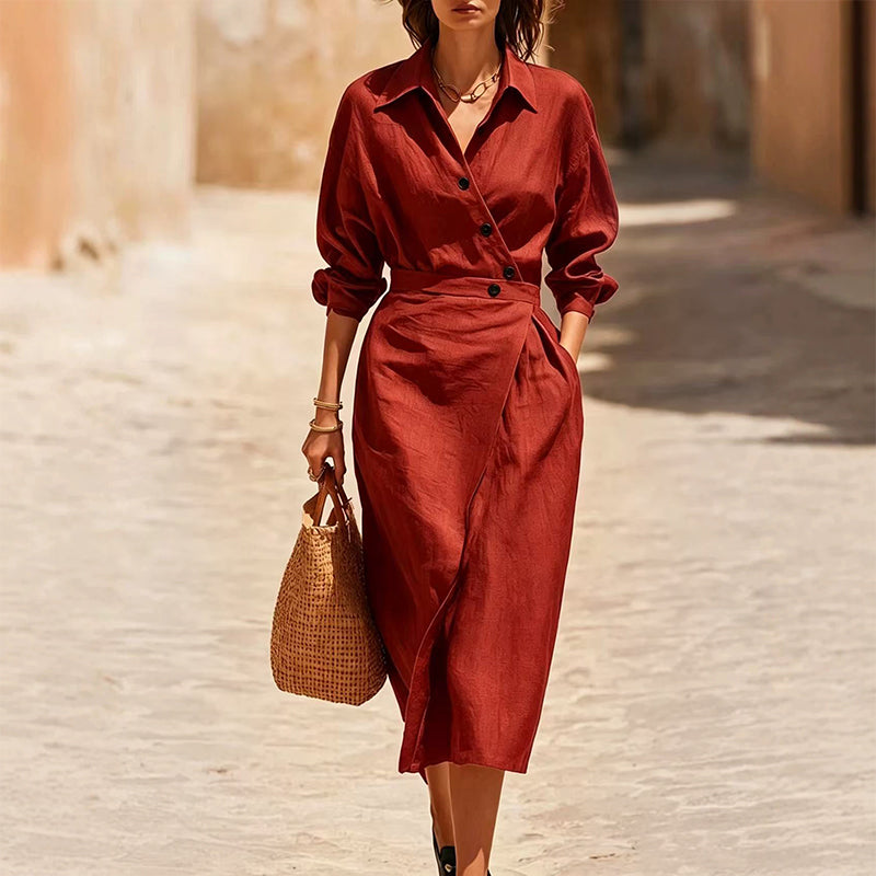 Robe-chemise midi pour femme, à revers et poches