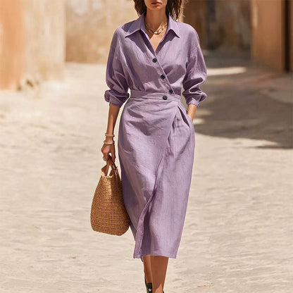 Robe-chemise midi pour femme, à revers et poches