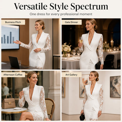 Robe Femme Élégante à Col V & Manches en Dentelle