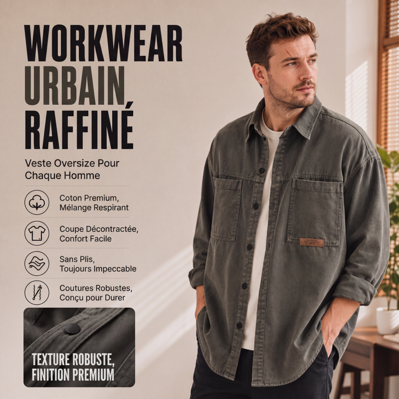 ✨ Confort & Praticité | Surchemise Utilitaire Oversize Homme à Manches Longues