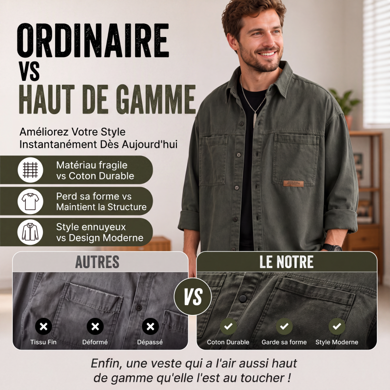 ✨ Confort & Praticité | Surchemise Utilitaire Oversize Homme à Manches Longues
