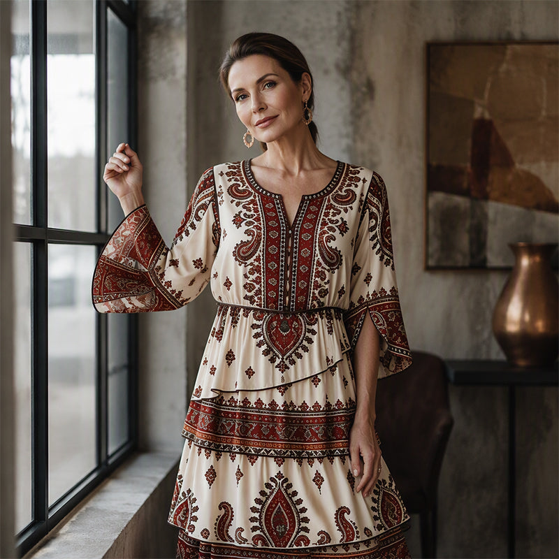Robe bohème à col V et volants étagés pour femme