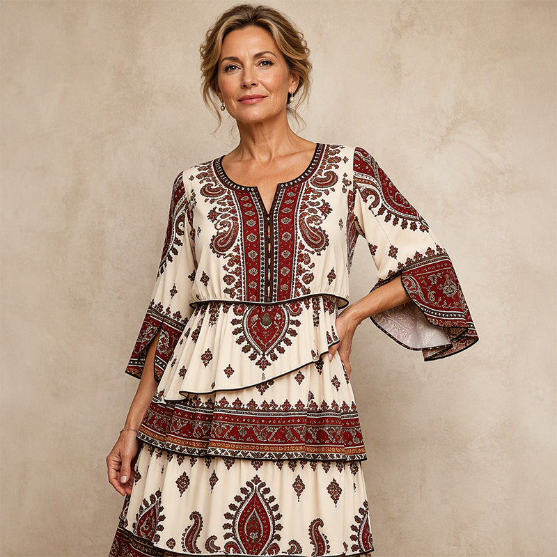 Robe bohème à col V et volants étagés pour femme