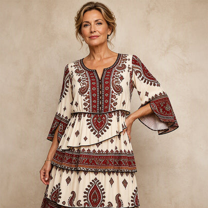 Robe bohème à col V et volants étagés pour femme