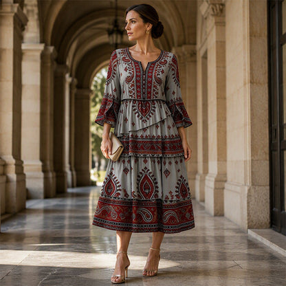 Robe bohème à col V et volants étagés pour femme