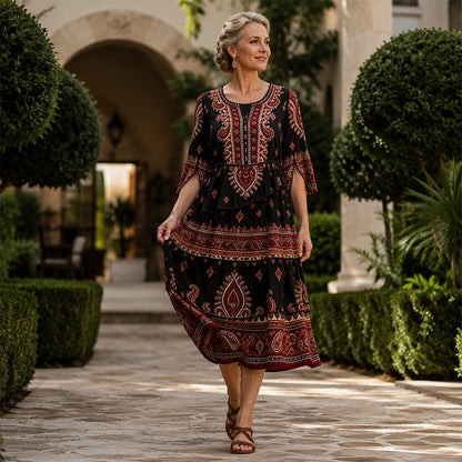Robe bohème à col V et volants étagés pour femme