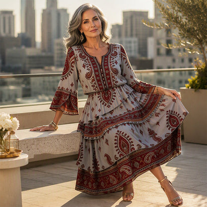 Robe bohème à col V et volants étagés pour femme