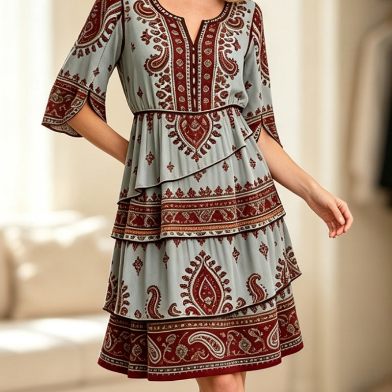 Robe bohème à col V et volants étagés pour femme