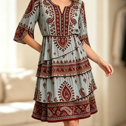Robe bohème à col V et volants étagés pour femme