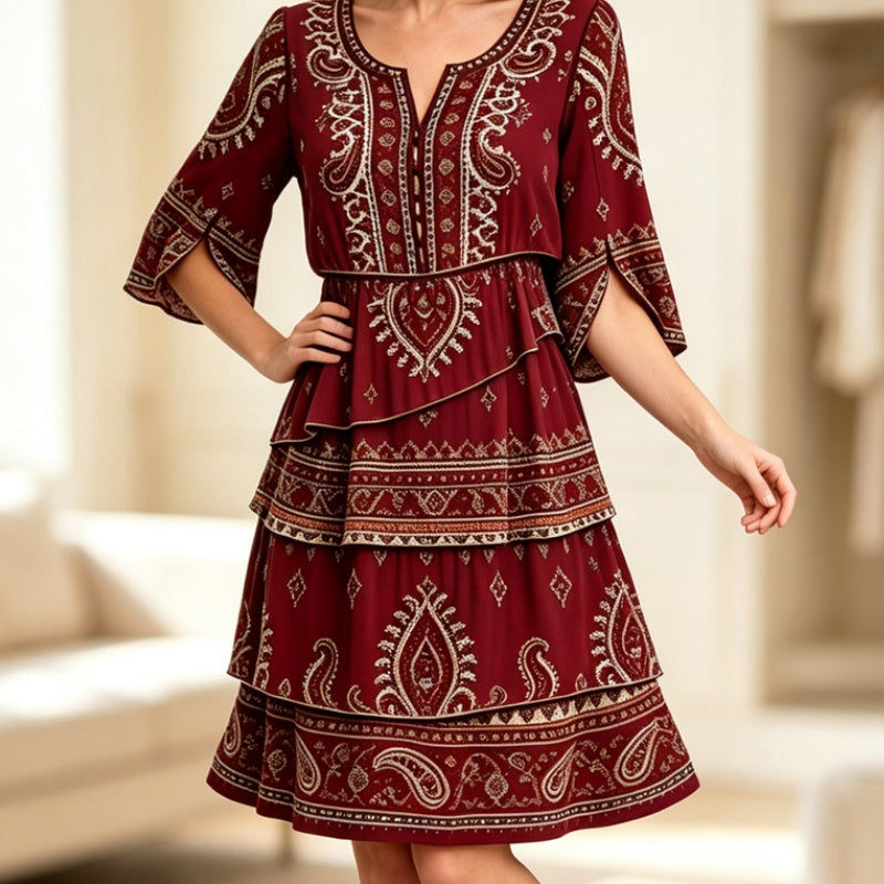 Robe bohème à col V et volants étagés pour femme