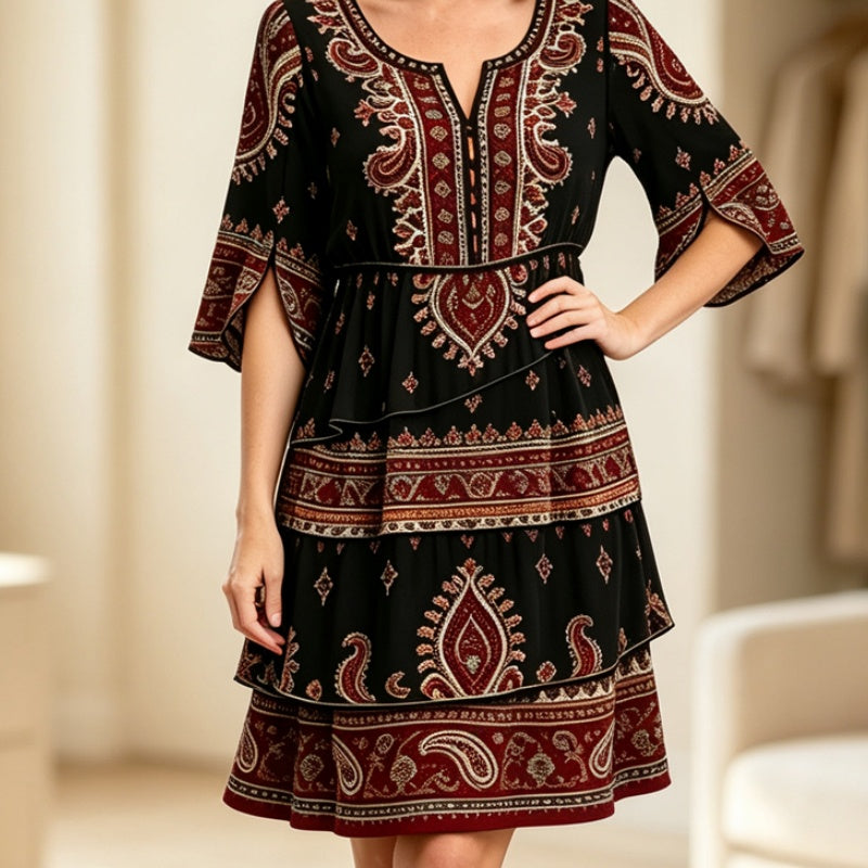 Robe bohème à col V et volants étagés pour femme