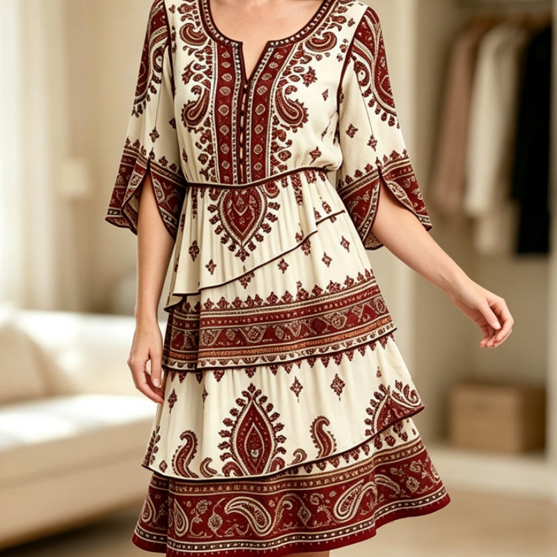 Robe bohème à col V et volants étagés pour femme