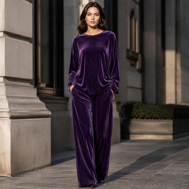 Ensemble haut à manches longues en velours et pantalon large pour femme
