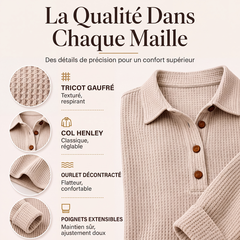Haut Henley à manches longues en tricot gaufré pour femme