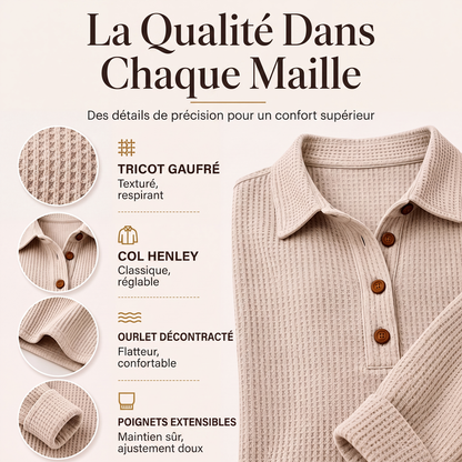 Haut Henley à manches longues en tricot gaufré pour femme