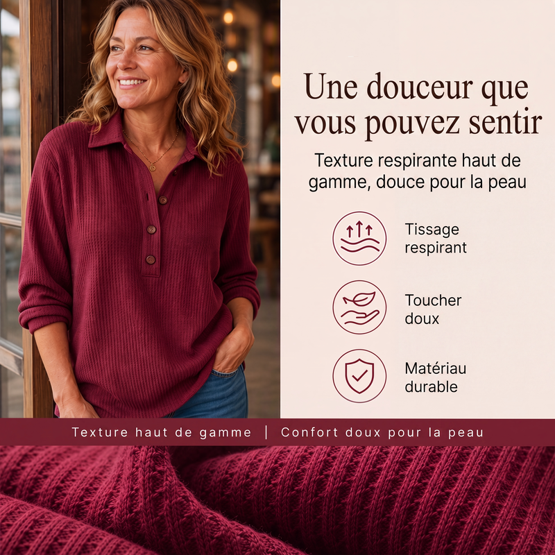 Haut Henley à manches longues en tricot gaufré pour femme
