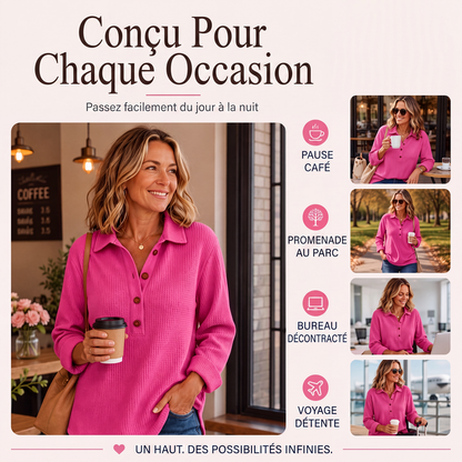 Haut Henley à manches longues en tricot gaufré pour femme