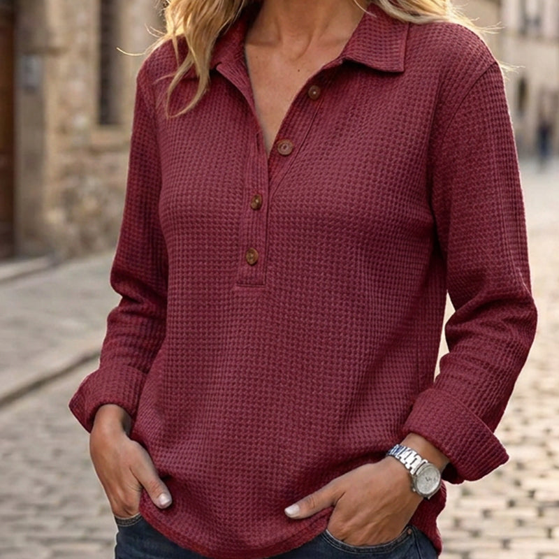Haut Henley à manches longues en tricot gaufré pour femme