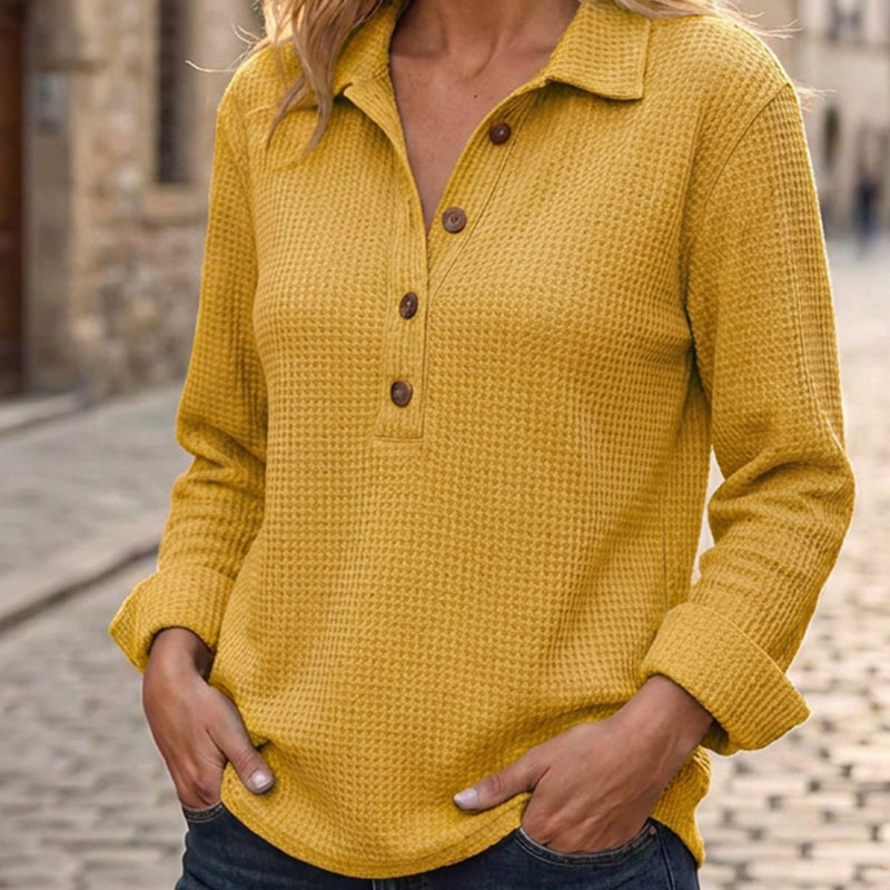 Haut Henley à manches longues en tricot gaufré pour femme