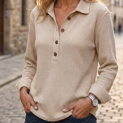 Haut Henley à manches longues en tricot gaufré pour femme