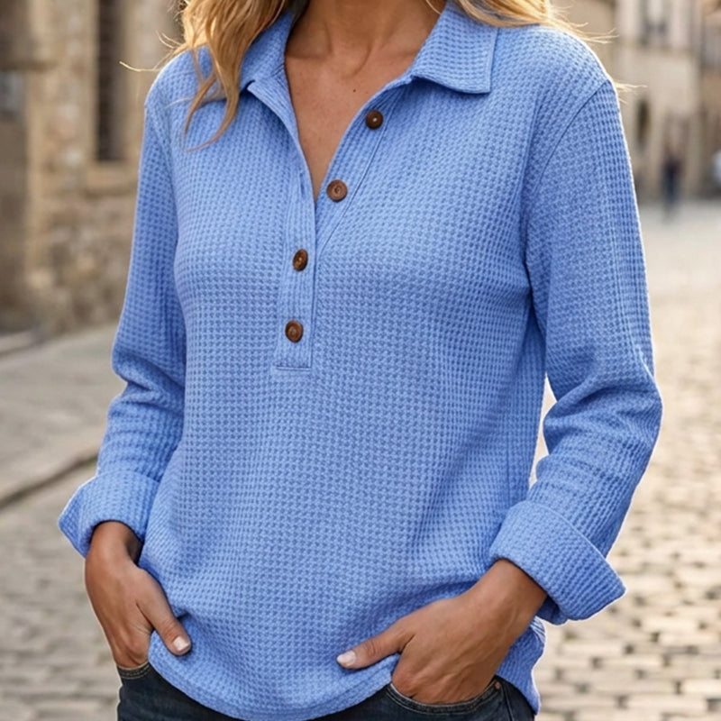 Haut Henley à manches longues en tricot gaufré pour femme