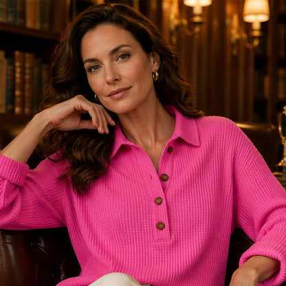Haut Henley à manches longues en tricot gaufré pour femme