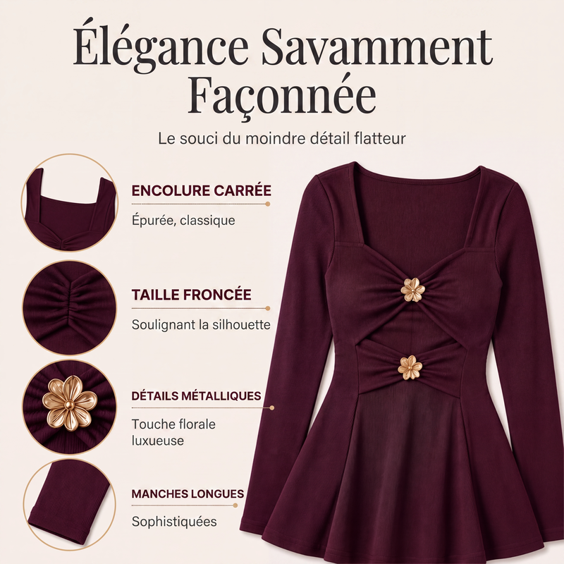 Haut femme à col en V et coupe peplum avec motifs de fleurs