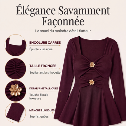 Haut femme à col en V et coupe peplum avec motifs de fleurs