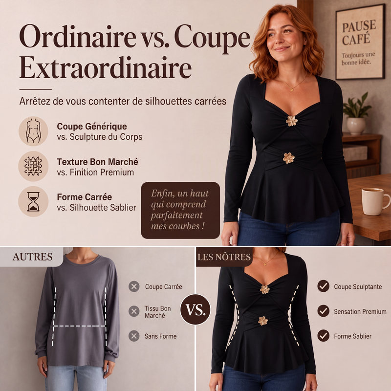 Haut femme à col en V et coupe peplum avec motifs de fleurs