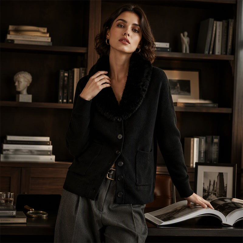 Cardigan en maille à col fourrure pour femme