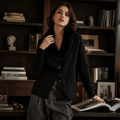 Cardigan en maille à col fourrure pour femme