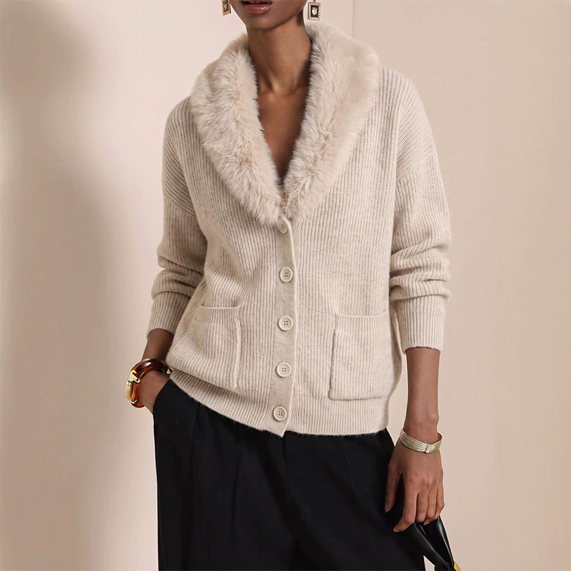 Cardigan en maille à col fourrure pour femme
