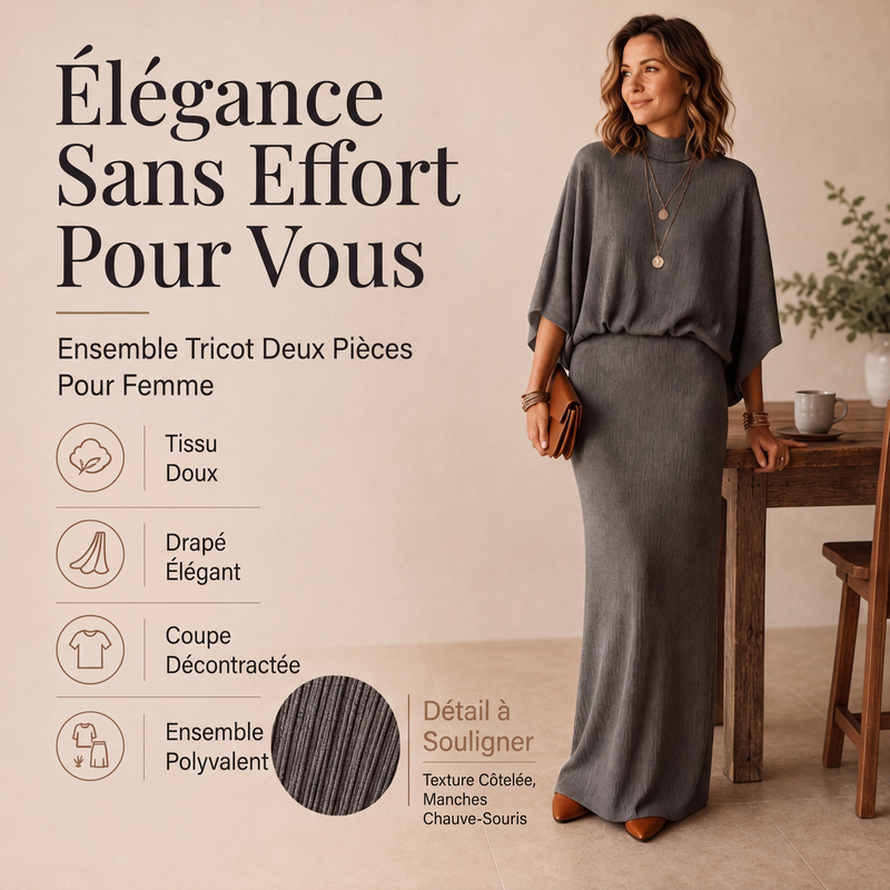 Ensemble haut à manches chauve-souris et jupe longue pour femme