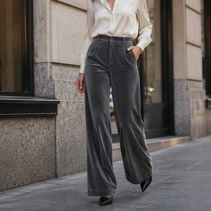 Pantalon taille haute large en velours pour femme