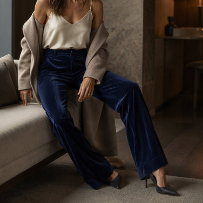Pantalon taille haute large en velours pour femme