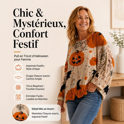 Haut en tricot au crochet avec motif citrouille d'Halloween pour femme